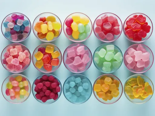 Variedad de tipos de gominolas en cuencos: cubos, frutas, ositos y más, en colores vibrantes.
