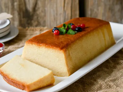 Un delicioso pudin de pan, con una capa dorada y decorado con frutos rojos y menta.