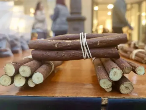 Raíces de regaliz atadas con gomas elásticas, mostrando de donde sale el regaliz.