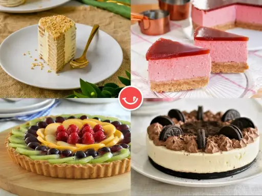 Cuatro originales tartas bonitas: una de capas, dos de fresa y una de frutas.