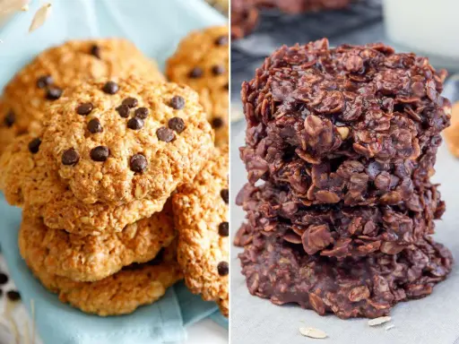 Dos tipos de galletas de avena y chocolate: unas clásicas con chispas y otras tipo "no-bake" oscuras y rústicas.