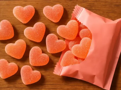 Dulces en forma de corazón, con un delicioso sabor a corazon de melocoton, esparcidos sobre una mesa de madera y saliendo de un paquete rosa.