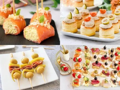 Rollitos de salmón, volovanes, brochetas de aceitunas y pimientos, y canapés variados. ¡Aperitivos fáciles y deliciosos para cualquier ocasión!