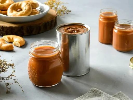 Dulce de leche receta: tarros y lata de dulce de leche, junto a galletas y decoración.