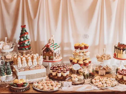 Mesa de dulces navideños con galletas de muñeco de nieve, casa de jengibre, pastel de árbol y cupcakes.