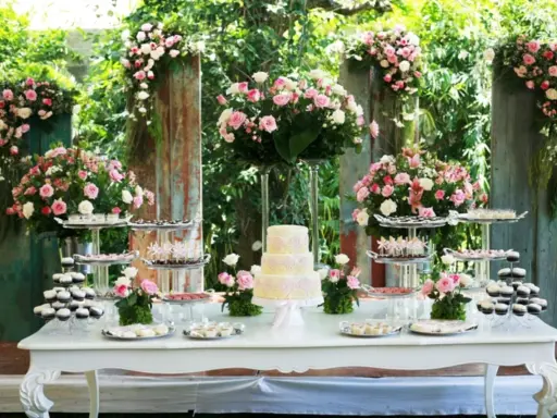 Mesa de dulces con pastel de tres pisos, cupcakes y postres variados, decorada con abundantes flores rosas y blancas. Ideal para hacer flores de golosinas.