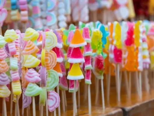 Coloridas brochetas de chuches, un arcoíris de dulces en palitos, listas para endulzar cualquier momento.