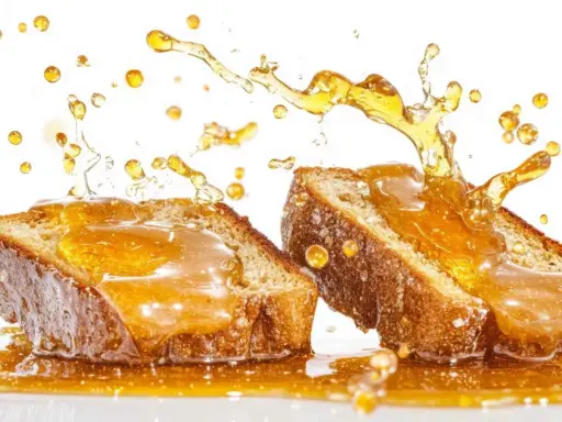 Dos rebanadas de pan cubiertas de miel dorada, con salpicaduras y gotas cayendo. Una deliciosa torrija caramelizada en acción.