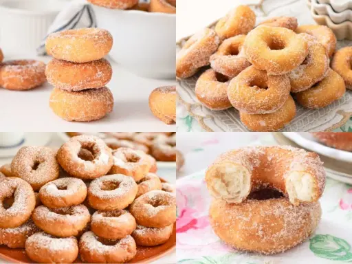 Montaje de rosquillas caseras de toda la vida, doradas y espolvoreadas con azúcar. Un placer para la vista y el paladar.