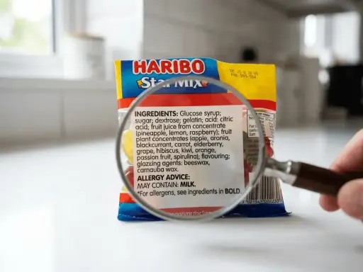 Una lupa examina la etiqueta de ingredientes de un paquete de Haribo Star Mix. ¡Cuidado! Los Skittles tienen gluten.