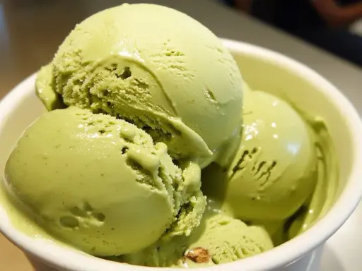 Un tazón blanco lleno de cremoso helado de pistacho, con trozos visibles de pistacho en algunas bolas.