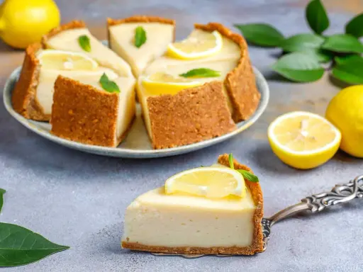 Un delicioso postre de limón con galletas, decorado con rodajas de limón y hojas de menta.