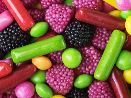 Un surtido vibrante de chuches, mostrando cómo se hacen las chuches con formas de bayas, bastones y pastillas en tonos rojos, verdes, morados y amarillos.