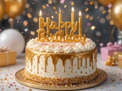 Tarta dorada con "Happy Birthday" y confeti. Ideas para como hacer tartas de cumpleaños espectaculares.