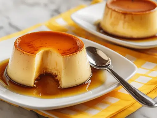 Dos deliciosos flanes de huevo con caramelo líquido, uno con un trozo retirado, servidos en platos blancos sobre una servilleta amarilla a cuadros.