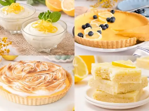 Un surtido de postre de limón: mousses individuales, tarta con merengue, tarta de limón y arándanos, y barritas de limón.