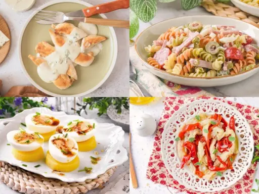 Cuatro platos deliciosos: pollo con salsa de queso azul, ensalada de pasta, huevos rellenos y pimientos salteados. ¡Recetas con pocos ingredientes fáciles de preparar!