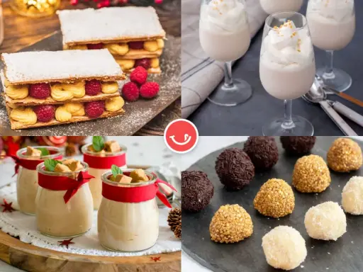 Deliciosas recetas navideñas dulces: milhojas con frambuesas, postres en vasito, bombones y copas de crema.