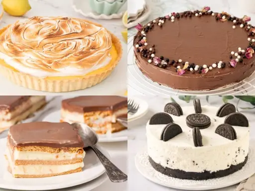 Cuatro deliciosos postres para cumpleaños de adultos: tarta de limón, pastel de chocolate, milhojas y tarta de Oreo.