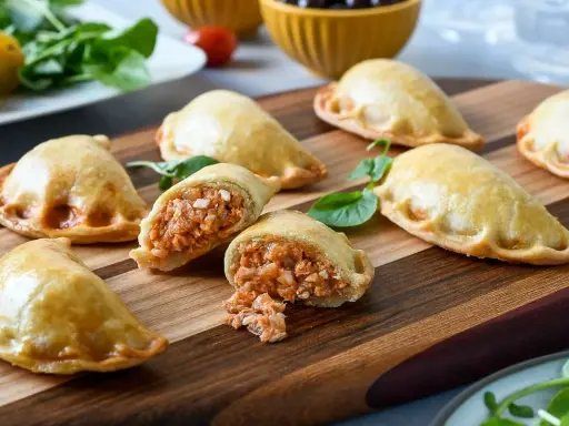 Empanadillas caseras doradas y crujientes, una rellena muestra su sabroso interior. Perfectas para compartir.