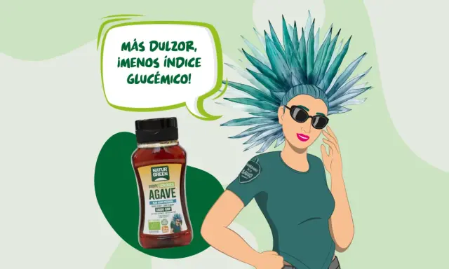Botella de sirope de agave Natur Green junto a una mujer con peinado de agave. "Más dulzor, ¡menos índice glucémico!