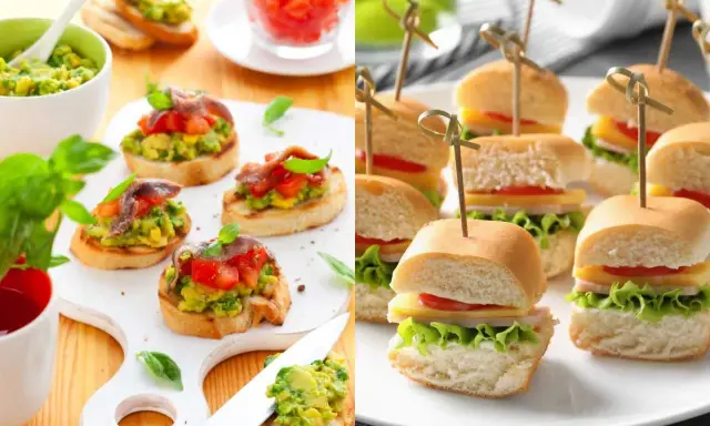 Delicioso y barato picoteo para cumpleaños: bruschettas de aguacate y anchoas, y mini hamburguesas.
