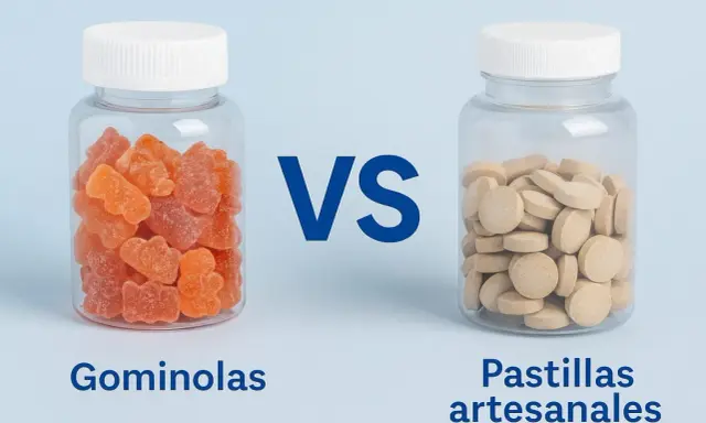 Dos frascos: uno con gominolas naranjas, el otro con pastillas artesanales. ¿Cuáles son las mejores gominolas?