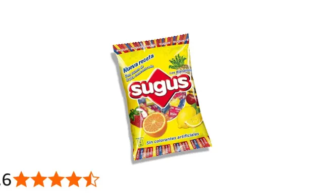 Bolsa de Sugus con frutas (fresa, naranja, limón, cereza, piña). ¡Disfruta de estos dulces que son veganos y sin colorantes artificiales!