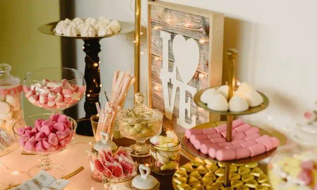 Un candy bar lleno de dulces rosas y blancos, con un letrero de "LOVE" y luces cálidas.