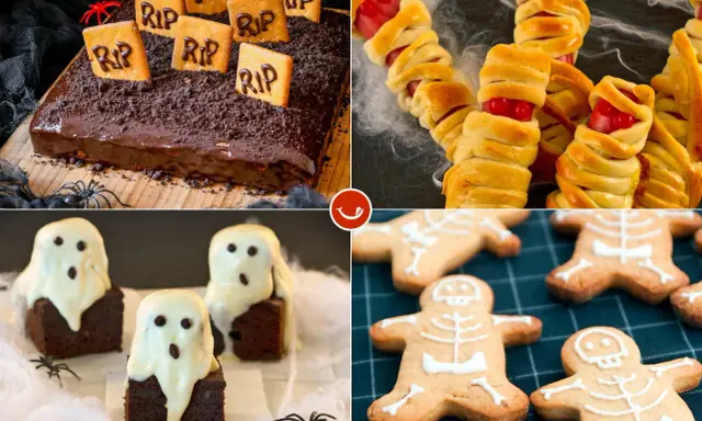 Ideas para decorar chuches de Halloween: tarta de tumba, salchichas momia, brownies fantasma y galletas esqueleto. ¡Perfecto para una fiesta espeluznante!