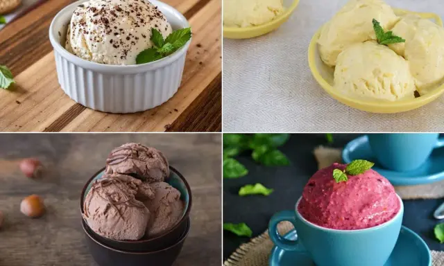 Cuatro deliciosos helados: vainilla con cacao, limón, chocolate y frutos rojos. ¡Ideas para como hacer helado casero!