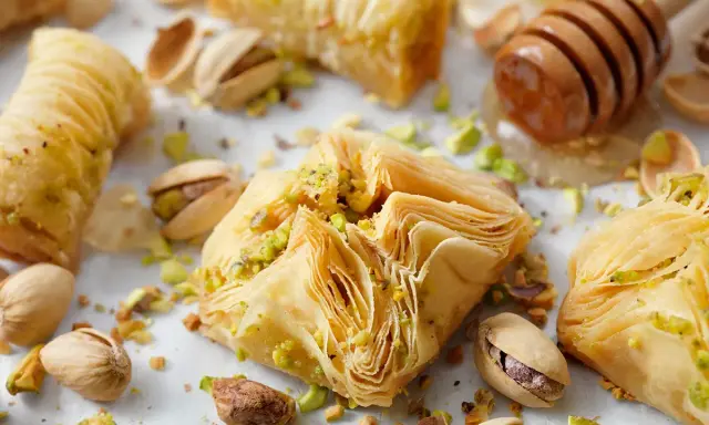 Deliciosos postres de baklava con pistachos y miel, perfectos para tus recetas con masa filo.