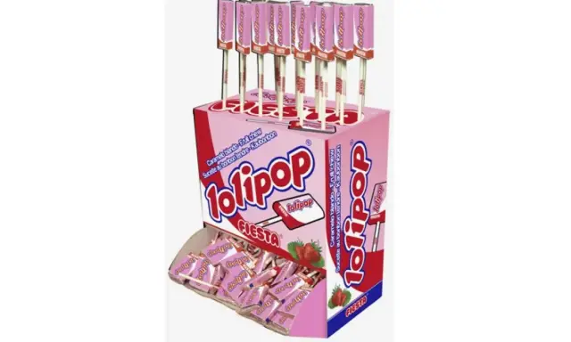 Caja de dulces Lolipop, un recuerdo de los dulces de los 80 que ya no existen. Caramelo blando con sabor a fresa.