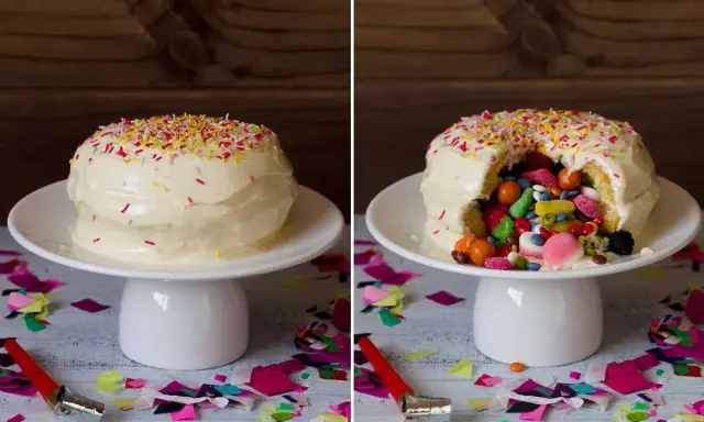 Tarta de gominolas sorpresa. Un pastel blanco cubierto de chispas de colores, que al cortarlo revela un interior lleno de dulces.