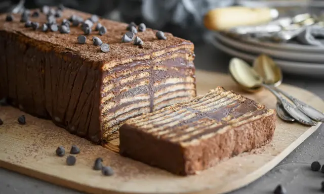 Tarta de chocolatinas casera, con capas de galleta y chocolate, lista para servir. ¡Perfecta para aprender como hacer tarta de chocolatinas!