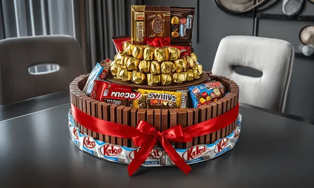 Espectacular tarta de chuches casera, decorada con Kit Kats y chocolates dorados, atada con un lazo rojo.