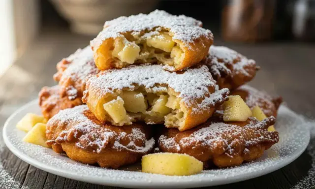 Montón de buñuelos de manzana cubiertos de azúcar glas, con trozos de manzana visibles en el interior.