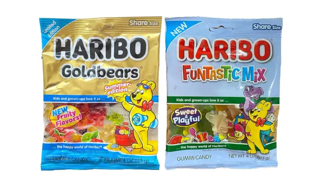 Dos bolsas de ositos de goma Haribo, Goldbears y Funtastic Mix. ¡Aunque los ositos Haribo tienen gluten, son deliciosos!