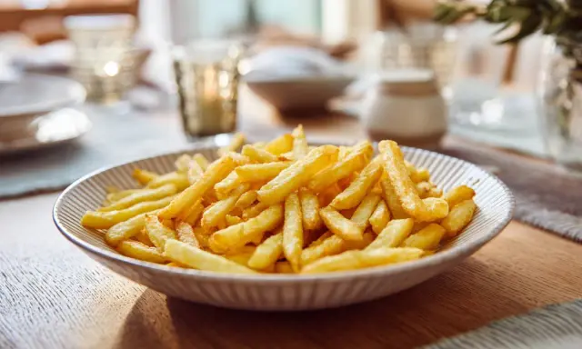 Un plato lleno de patatas fritas doradas y crujientes, listo para ser disfrutado en una mesa bien puesta.
