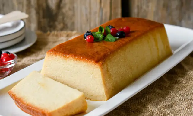Un delicioso pudin de pan, con una capa dorada y decorado con frutos rojos y menta.