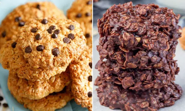 Dos tipos de galletas de avena y chocolate: unas clásicas con chispas y otras tipo "no-bake" oscuras y rústicas.