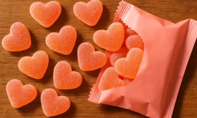 Dulces en forma de corazón, con un delicioso sabor a corazon de melocoton, esparcidos sobre una mesa de madera y saliendo de un paquete rosa.