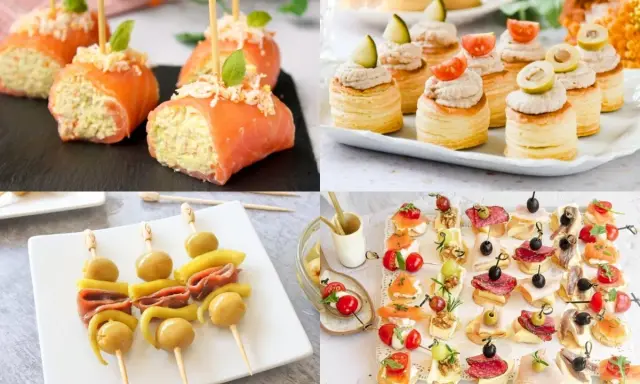 Rollitos de salmón, volovanes, brochetas de aceitunas y pimientos, y canapés variados. ¡Aperitivos fáciles y deliciosos para cualquier ocasión!
