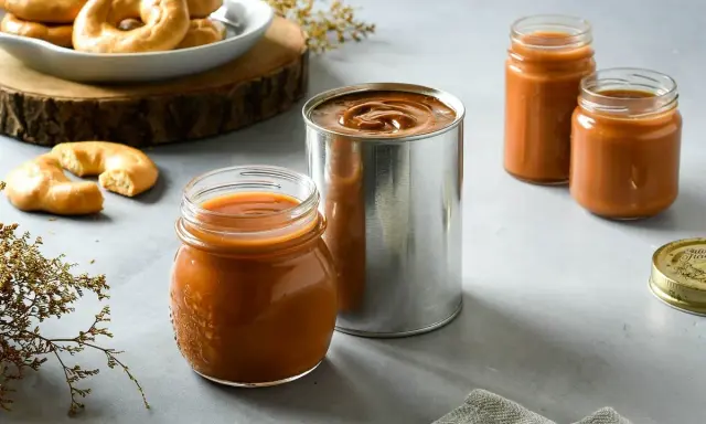 Dulce de leche receta: tarros y lata de dulce de leche, junto a galletas y decoración.
