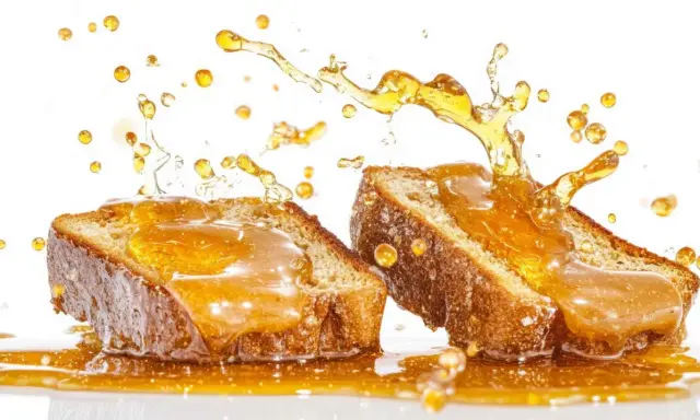 Dos rebanadas de pan cubiertas de miel dorada, con salpicaduras y gotas cayendo. Una deliciosa torrija caramelizada en acción.