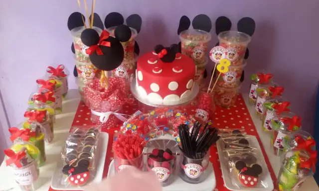 Mesa de fiesta temática de Minnie Mouse con pastel, galletas, palomitas y muchos centros de chuches para niños.