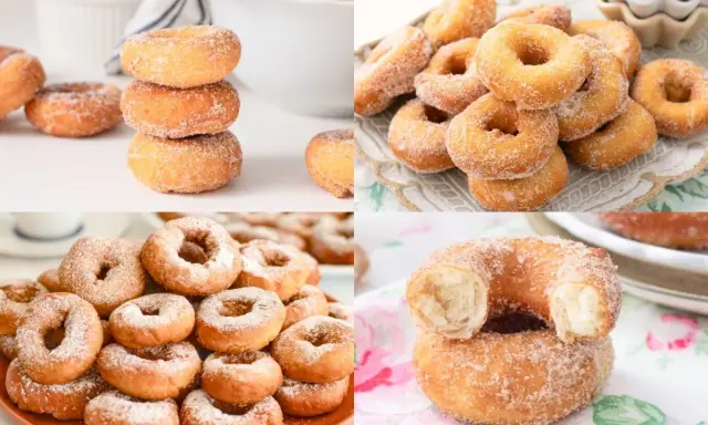 Montaje de rosquillas caseras de toda la vida, doradas y espolvoreadas con azúcar. Un placer para la vista y el paladar.