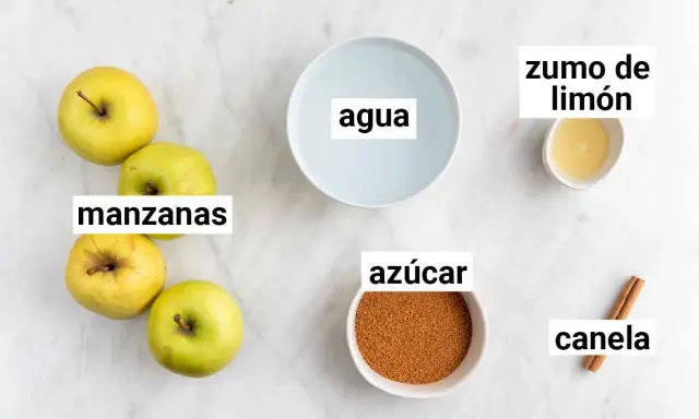 Ingredientes para compota de manzana: manzanas, agua, azúcar, zumo de limón y canela.