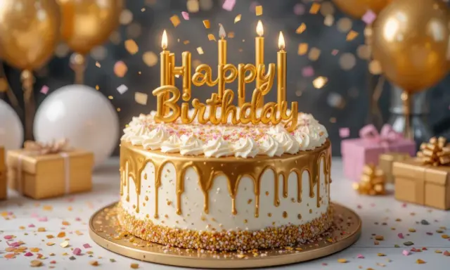 Tarta dorada con "Happy Birthday" y confeti. Ideas para como hacer tartas de cumpleaños espectaculares.
