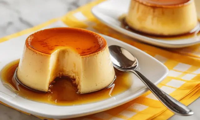 Dos deliciosos flanes de huevo con caramelo líquido, uno con un trozo retirado, servidos en platos blancos sobre una servilleta amarilla a cuadros.